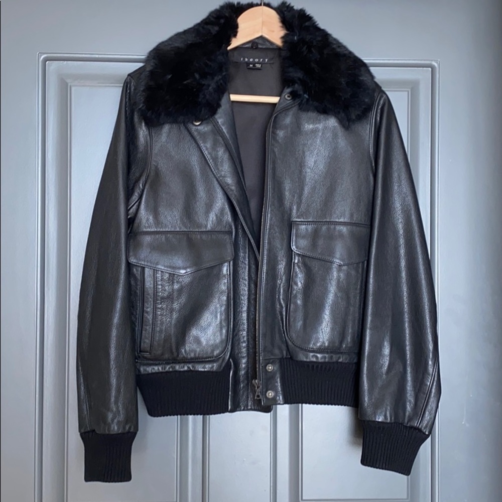 Theory leather bomber jacket w/ removable fur